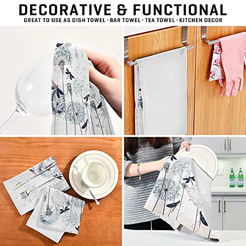 Dandelion Dragonflies Kitchen Towels Flowers Dishcloths Set 4 Pack Hand Dish Towel Tea Bar Towels 18 X 28 In Cleaning Cloths Soft Absorbent Fast Drying For Cooking Baking #TOP1