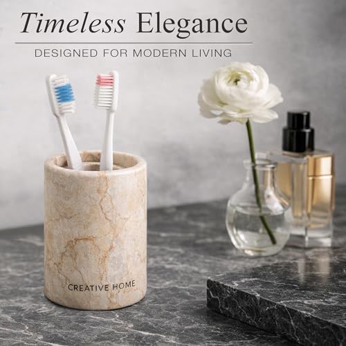 Creative Home Natural Beige Marble Toothbrush Holder Organizer Round 3-Slot Bathroom Countertop Toothbrush Stand Heavy Stone Vanity Organizer, 3.3 Diam. x 4.5 H Inch by Creative Home - Image 2
