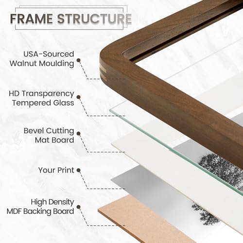 Image of 16x24 Poster Frame, USA-Sourced Natural Walnut Wood Picture Collage Frame with HD Tempered Glass, 16 x 24 Wooden Photo Frame Matted to 12x18, Vertical & Horizontal Wall Hanging Display