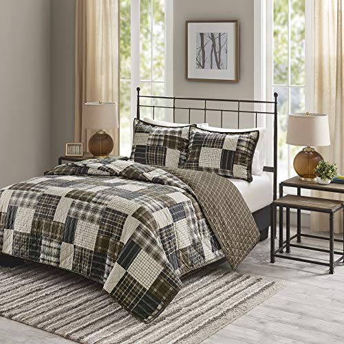 Image of Madison Park Reversible Quilt Cabin Lifestyle Plaid Design - All Season, Breathable Coverlet Bedspread Bedding Set, Matching Shams, Timber Black /Brown King /Cal King(104 inchx94 inch) 3 Piece