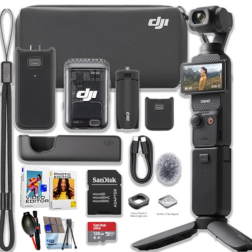 Image of DJI Osmo Pocket 3 Creator Combo Bundle with Clip-On Transmitter/Recorder, Wide Angle Lens, Battery Handle, Mini Tripod, Carrying Bag + 128GB Ultra Micro SD Card, Cleaning Kit