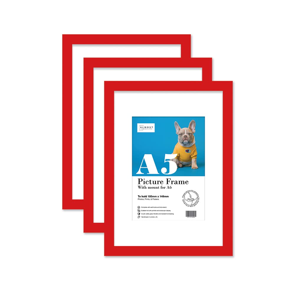 Almost Frameless Red A5 Picture Frame Set Of 3, Display A6 Pictures With Mount Or A5 Without Mount Gallery Wall, Poster, Photo, Artwork, Or Print,