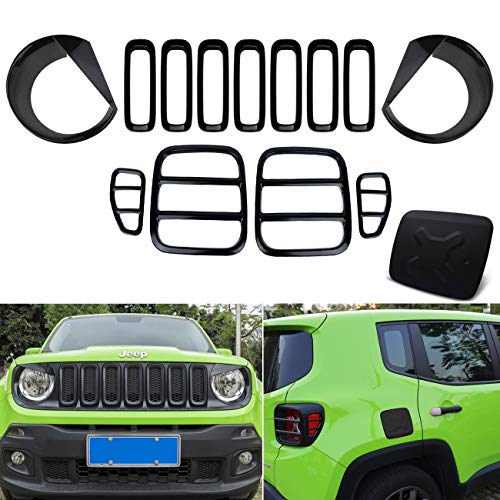 Yoursme Door Fuel Filler Cap, Front Mesh Grilles, Headlight and Taillight Covers for Jeep Renegade 2015 2016 2017 2018 - Black Exterior Trim Kit Set 14PCS