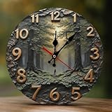 Orologio da parete decorativo a batteria, 25,4 cm, moderno, in legno, elegante sentiero della foresta verde, stampa 2D, senza ticchettio, silenzioso, orologio da parete per soggiorno, ufficio, camera