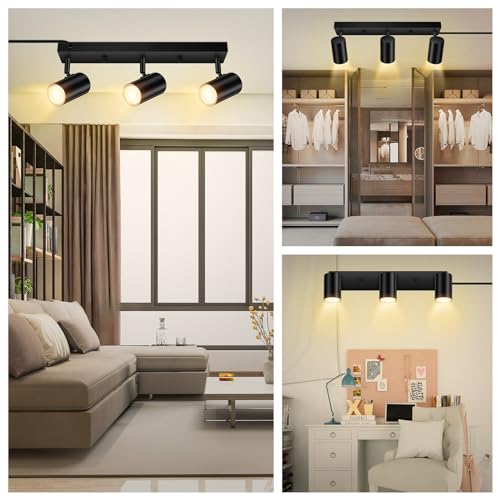 AUQUEE 3 Light Track Lighting Kit,Black 3 Way Modern Plug in Ceiling Spotlight,Industrial LED Wall Light for Kitchen Cabinet Gallery Bar Hallway Living Room,Rocker Switch,15 Foot Cord(No Bulb)