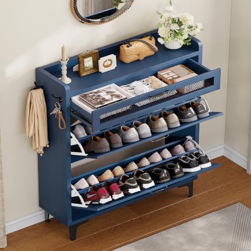 Image of TEENFON Shoe Cabinet with 2 Flip Drawers & Top Drawer, Farmhouse Narrow Shoe Storage Cabinet with Adjustable Shelves & Hooks, Freestanding Hidden Slim Shoe Rack Cabinet for Entryway, Hallway, Blue
