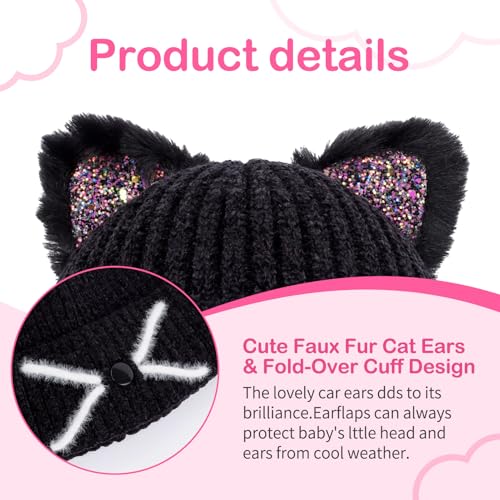 Kids Girls Glitter Cat Ears Hat Winter Warm Knit Beanie Cute Ski Skull Cap for Toddler Ages 3-83