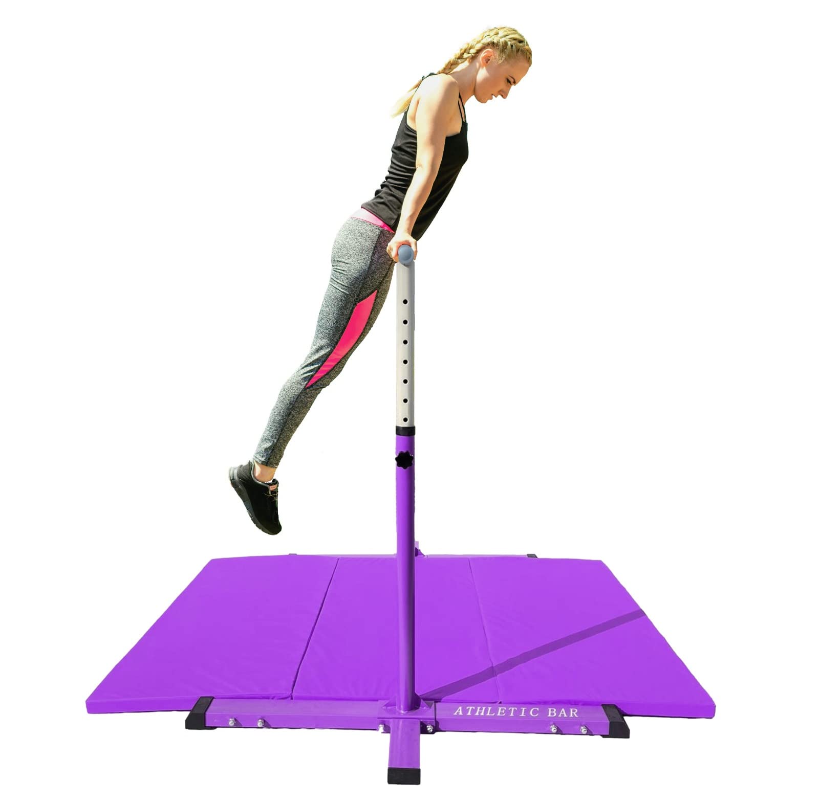 Athletic Bar Gymnastics Training Bar with 6'x4' Tumble Gymnastics Mat Set, Height Adjustable 3 to 5 FT Horizontal Kip Bar for Kids Junior Gymnast, Expandable Gymnastic Bar Home Gym Equipment Purple