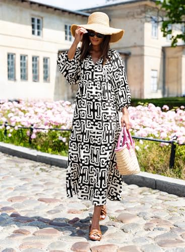 Image of miduo Womens Loose Fit Casual Summer V Neck Half Sleeve Bohemian Geometric Pattern Maxi Long Dresses
