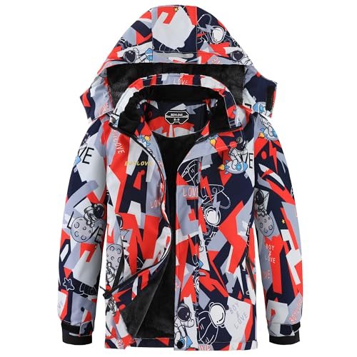 Boys Ski Jackets Waterproof Winter Coat Fleece Windproof Snowboarding Jacket with Detachable Hood (10-12 Astronaut Red)