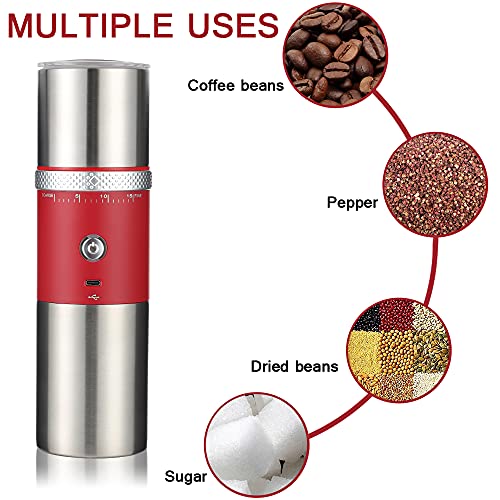 Electric Coffee Grinder Conical Burr Portable Cordless Rechargeable Travel Coffee Maker With Grinder Stainless Steel Espresso Coffee Bean Machine With 15 Grind Settings Fine To Coarse（Red) #TOP1