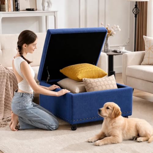 Tbfit Large Square Tufted Upholstered Ottoman and Coffee Table with Storage, Oversized Footrest Bench for Living Room Bedroom, Blue — view 4