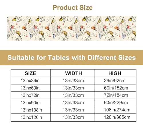 Image of Flower Birds Table Runner Nature Themed Winter Birds on Branches,Watercolor Pine Tree Tabletop Setting Decor for Party Dining Room Kitchen Decoration 13x60 Inch