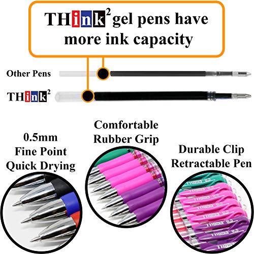 Image of [24 Pens - 4Black, 4Blue, 4 Red, 4 Green, 4 Pink, 4Purple Ink] Think2 Retractable Gel Pens. Assorted Colors Fine Point (0.5mm) Rollerball Pens with Comfort Grip.