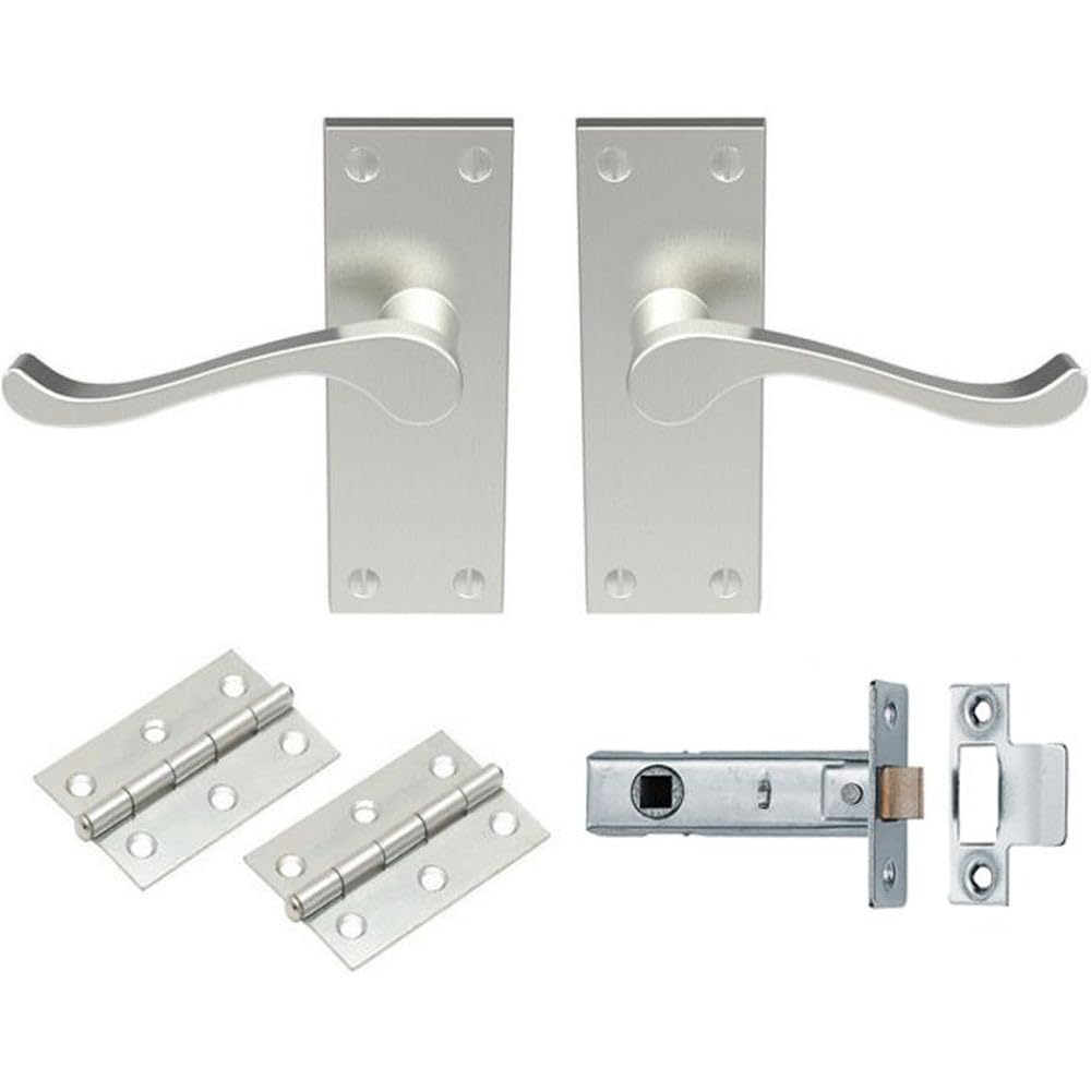Loops Satin Nickel Victorian Scroll Door Handle & Latch Pack - Lever On Plate Kit