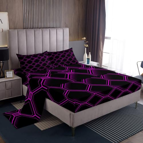 Erosebridal Honeycomb Twin Sheet Set for Boys Kids,3D Stereoscopic Black and Purple Hexagon Sheets Geometric Hexagonal Beehive Bed Sheets Set,Abstract Art Geometry Room Decor