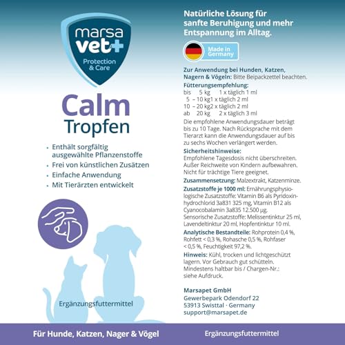 marsavet+ Calm – Ergänzungsfuttermittel mit Katzenminze für Hunde, Katzen, Nager & Vögel – Zur Unterstützung des Wohlbefindens in stressbedingten Situationen – 100 ml