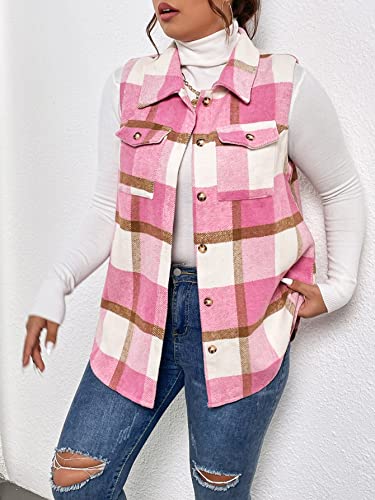 Makemechic Women's Plus Size Plaid Vest Coat Button Down Pocket Sleeveless Outerwear Jacket Pink 0Xl #TOP3