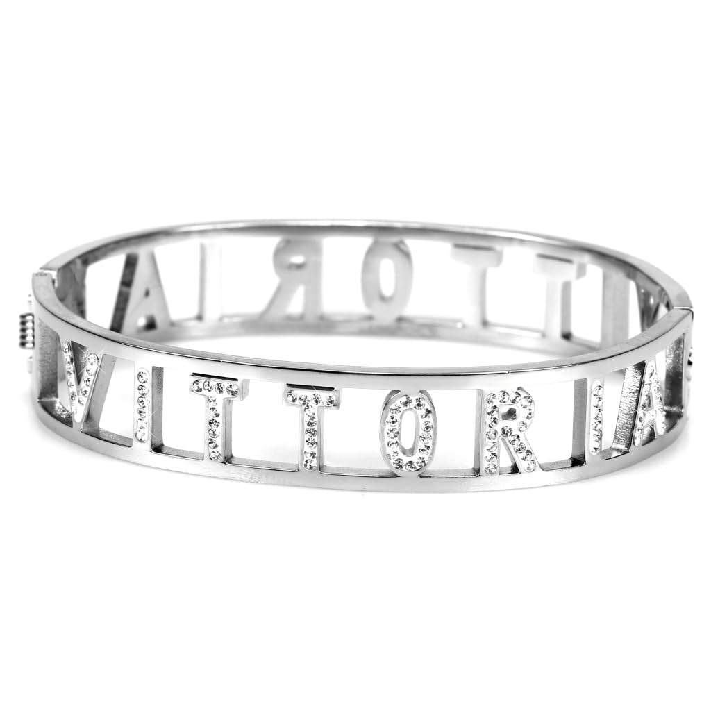 Flowers Bracciale Rigido Acciaio con Nome Vari e Zirconcini Sacchettino in Tessuto Scritta Nome ricoperta di Strass Brillantissimi Bracciale a Manetta Donna Chiusura a Molla Idea Regalo