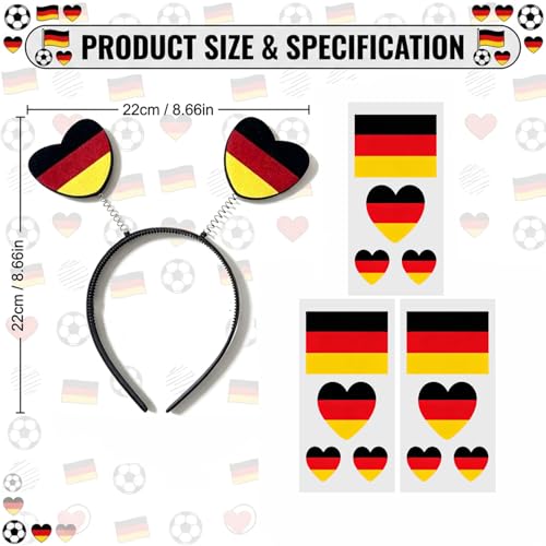 Deutschland Fanartikel Set für Fußball WM 2026 Deutschland Haarreif Deutschland Flagge Herz Tattoo Schwarz Rot Gold Stirnband Deutschland Fan Accessoires für Fußballspiele WM Public Viewing Fanpartys