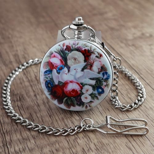 Image of VIGOROSO Vintage Floral Bird Manual Mechanical Pocket Watch for Men & Women - Elegant Wind Up Pocket Watches Skeleton with Chain & Gift Box