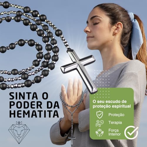 Terço Espiritual em Pedra Hematita Unissex Premium Black - Força e Proteção Pessoal + Bolsa de Velud