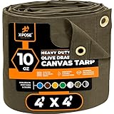 Xpose Safety Canvas Tarp - 10oz Olive Drab Canvas Tarps Heavy Duty Water Resistant with Brass Grommets- Multipurpose Outdoor Tarpaulin for Camping, Canopy, Trailer, Equipment Cover 4' x 4'