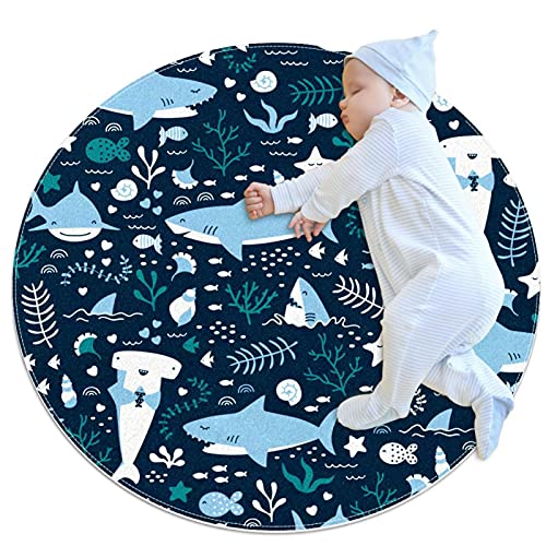 Motif Mignon de Requins de Poisson Tapis Rond pour Chambre à Coucher Salon Salle de Jeux buanderie 100x100cm Cover