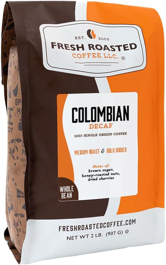 Fresh Roasted Coffee, 100% Colombian EA Natural Decaf Whole Bean Coffee, Medium Roast, Kosher, 2 lb (32 oz)