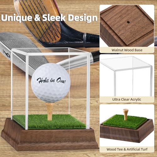 Image of Golf Ball Display Case Hole in One Golf Ball Display Case Walnut Wood Base Acrylic Golf Ball Holder Display Uv Protection Golfball Stand,Golf Office Decor Gifts for Men