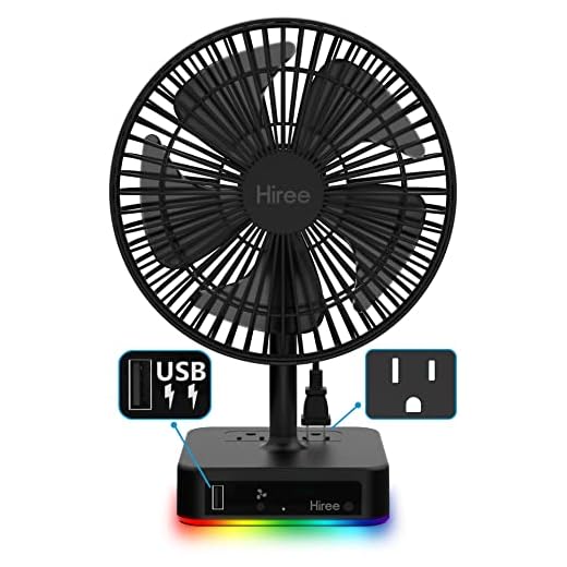Hiree Desk Fan with USB Charging Port, 2 Speeds 6.7 Inch Small Desktop Table Fan with 2 AC Outlets and LED Lights, Strong Wind, Quiet Operation - Personal Fan for Home, Dorm Room, Office
