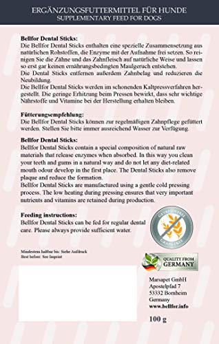 Bellfor Natürliches Dental Sticks Gegen Zahnstein Einfache Anwendung und Dosierung Ausgezeichnete Bekömmlichkeit Bekämpft schlechten Atem und Plaque Für Alle Hunderassen Geeignet (100 g, Sticks)