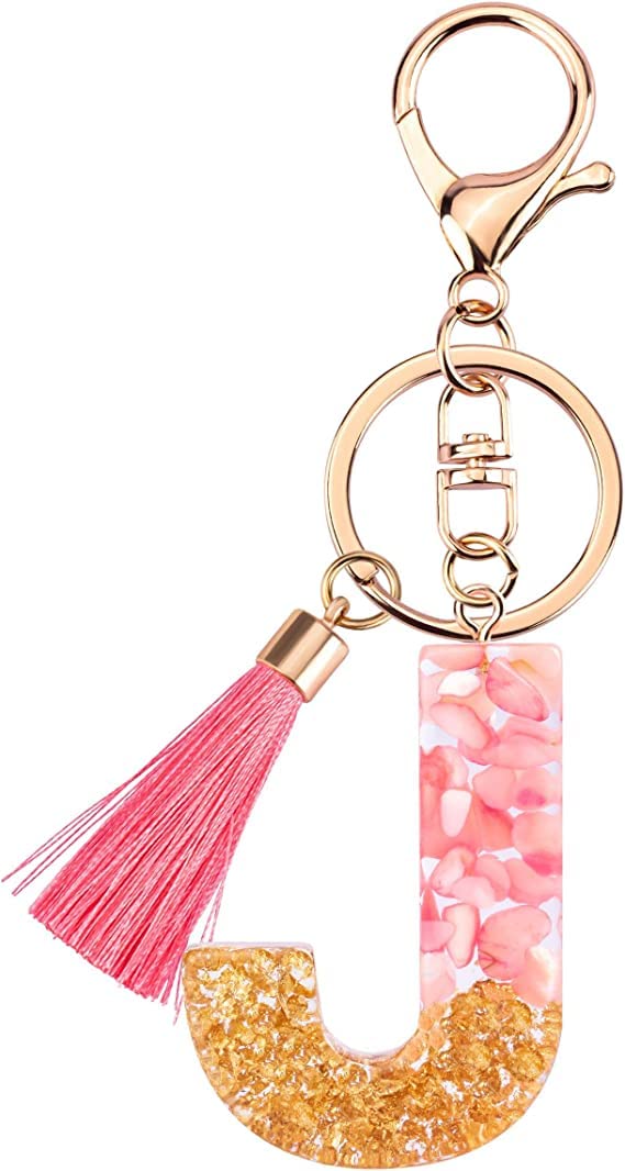 RohansPink and Gold Resin Alphabet Initial Letter Keychain, Bag Charm, Key Ring with Lobster Clasp