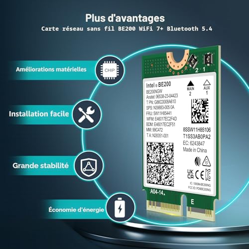 Carte sans fil Intel BE200NGW Bluetooth 5.4 double bande - 4