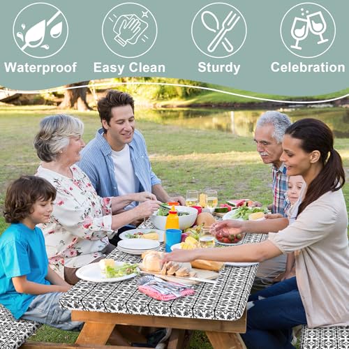 Image of misaya Picnic Table Cover with Bench Cover, Waterproof Elastic Fitted Tablecloth for 6 Foot Tables, Rectangle Washable Polyester Tablecloths for Picnic, Camping, Outdoor (Black, 30 inch x 72 inch)