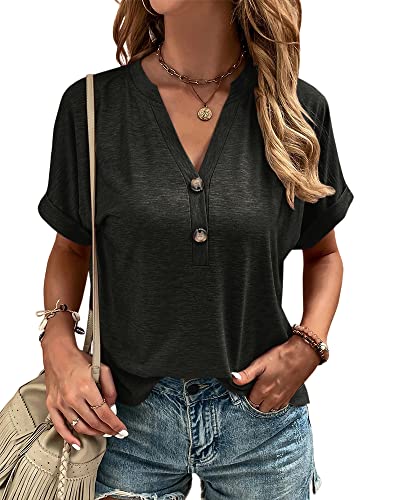 Voswmfe Womens Button V Neck T Shirts Rolled Short Sleeve Loose Fit Casual Summer Tops Tee Shirts Dark Grey