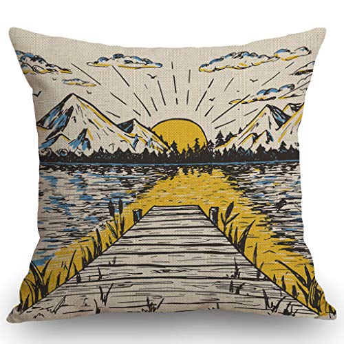SSOIU Rising Sun on the Lake Cotton Linen Throw Pillow Case Cushion Cover Home Office Decorative Square 18 X 18 Inches