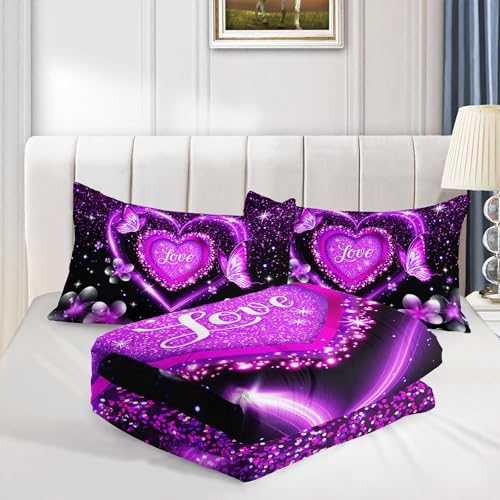 Image of AILONEN Cute Love Heart Comforter Set Full Size,Black and Purple Bedding Set for Girls Women,3-Piece Luxury Butterfly Floral Quilt with 2 Pillowcases