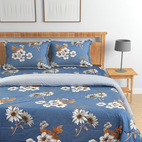Image of Florida Dark Blue & Cream AC Comforter for Single Bed 200 GSM | Microfiber Quilt Blanket Lightweight Duvet for All Weather - 160x220 cm