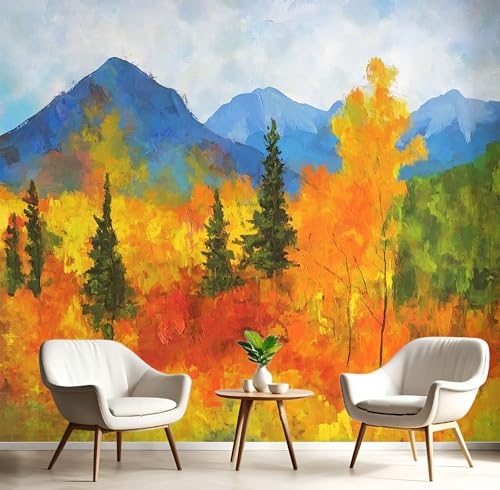 Papel Pintado Paisaje Otoño Pared 3D Papel Tapiz Pintura Al Óleo Bosque Murales Tapiz 450×315cm Fotomural para Sala Cuarto Oficina Salón Tv Fondo Pared Dormitorio Decoración