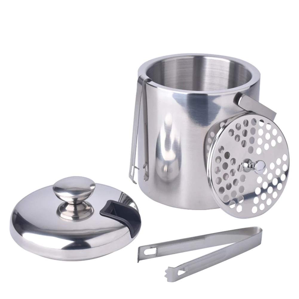 Recipiente de Acero Inoxidable de 1300 ml, Cubo de Hielo de Doble Pared, Recipiente para Hielo con Tapa de Pinzas, Abrazadera, Barra de Aislamiento térmico, Herramientas