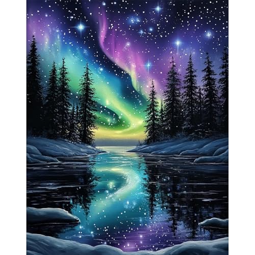 DAERLE Cielo de aurora boreal Kit de Pintura por Números para Adultos en Lienzo con Pigmento Acrílico, Preciosas auroras boreales, Pintura al Óleo DIY para Decoración del Hogar 30x40cm