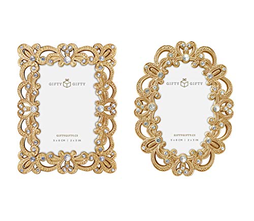 Gifty Gifty Vintage Gold Mini Frame Set / Set Of 2 / 2X3 In | For Tabletop Display | Perfect For Home Decor, Wedding, Graduation, Or Milestone Photos #TOP17