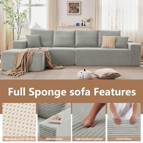 Image of 135.4 inch Modular Sectional Sofa, Modern Corduroy Cloud Couch with Deep Seat, Boneless Couch Upholstered 4-Seater L-Shaped Sofa for Living Room, No Assembly Required (Grey, Left-Facing Chaise)