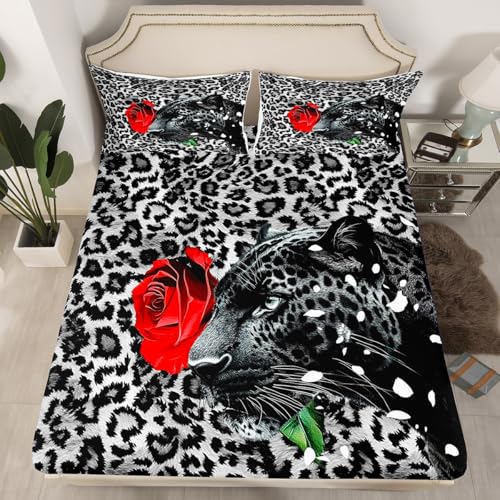 Leopard Print Fitted Sheet Twin Size 3D Africa Cheetah Bedding Set 2Pcs(No Flat Sheet) Red Rose Flower Bed Sheet for Boys Girls Teens Room Decor Luxury Animal Fur Pattern Deep Pocket Sheet