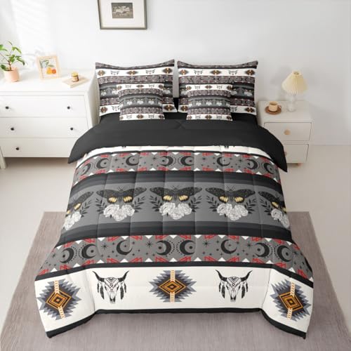 Image of Erosebridal Longhorn Cow Skull Comforter Set 7 Piece Bed in a Bag Twin | Southwestern Decor Boho Moth Bedding Sets Geometric Aztec Western Comforter and Sheet Set, Sun and Moon Bohemian Bed Sets,Grey
