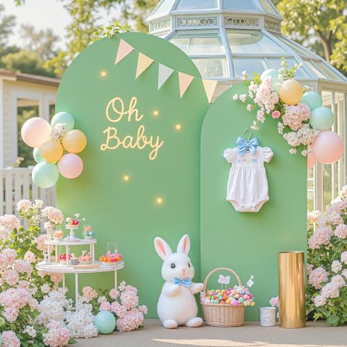 Image of Brown Green Arch Backdrop Cover for Wedding, 7.2FT 6FT Set of 2 Stretchy Spandex Fitted Arch Stand Cover for Baby Shower, Birthday Party Decor, Chiara Backdrop Cover with Double-Sided Design