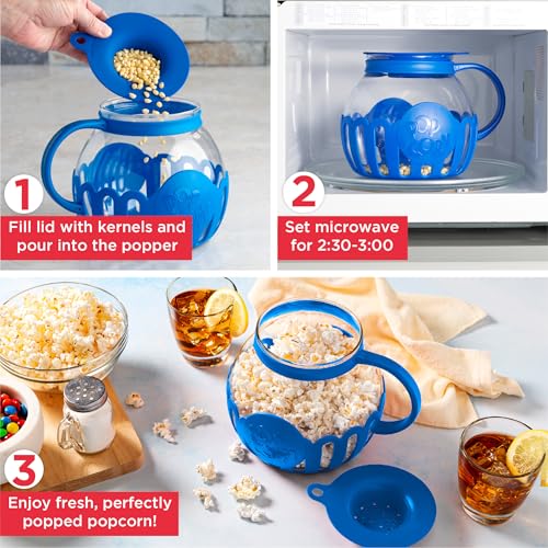Image of Ecolution Patented Micro-Pop Microwave Popcorn Popper with Temperature Safe Glass,3-in-1 Lid Measures Kernels and Melts Butter,Made Without BPA,Dishwasher Safe,3-Quart,Blue,(Pack of 4)