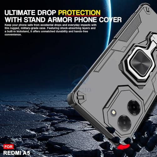 Image of AESTMO Armor Back Cover for Redmi A5 / Poco C71 | Ring Holder & Kickstand & Camera Protection in-Built | 360 Degree Protection Back Case Cover (Black)