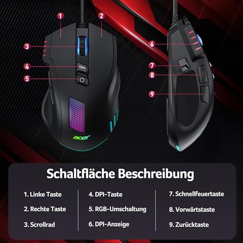Acer Gaming Maus mit Kabel 12800 DPI, Wired Computer Mouse Gaming mit Treiber, 1000Hz Abfragerate und 8 Programmierbare Tasten… – Ansicht 8